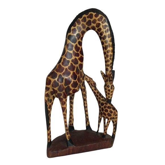 Handcrafted Wooden Giraffe & Baby Sculpture 12" - Picture 2 of 14